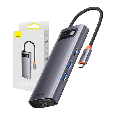 Hub 6w1 Baseus metal gleam series, usb-c do 3x usb 3.0 + hdmi + usb-c pd + vga