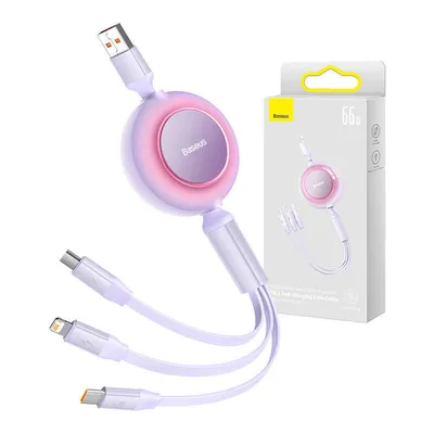 Kabel usb 3w1 Baseus bright mirror 3, micro usb / lightning / usb-c, 66w / 2a, 1.1m (fioletowy)