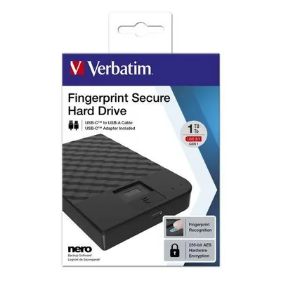 Verbatim zewnętrzny dysk twardy, fingerprint secure hdd, 2.5", usb 3.0 (3.2 gen 1), 1tb, 53650, czarny, szyfrowany z czytnikiem li