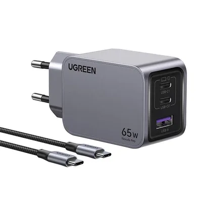 Ładowarka sieciowa UGREEN nexode pro, usb + 2x usb-c, 65w + kabel usb-c 1.5m (czarna)