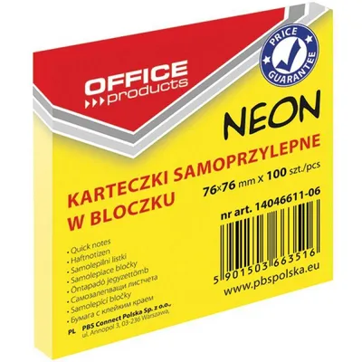 Karteczki samoprzylepne 76x76mm OFFICE PRODUCTS neonowe żółte 100kart