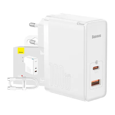 Ładowarka sieciowa Baseus gan5 pro, usb-c + usb, 100w + kabel (biała)