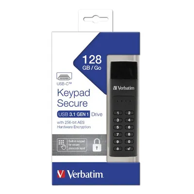 Verbatim usb flash disk, usb 3.0, 128gb, keypad secure, czarny, 49432, usb c, 256bitowe szyfrowanie aes, led
