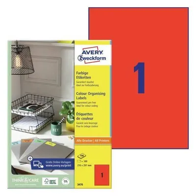 Etykiety samoprzylepne 210x297mm AVERY zweckform trwałe 3470 czerwone 100ark*1szt