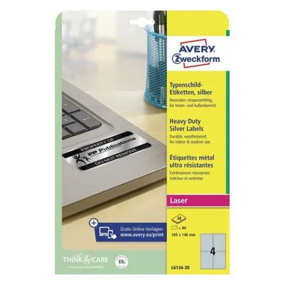 Etykiety samoprzylepne 105x148mm znamionowe poliestrowe AVERY zweckform heavy duty l6134-20 srebrne 20ark*4szt