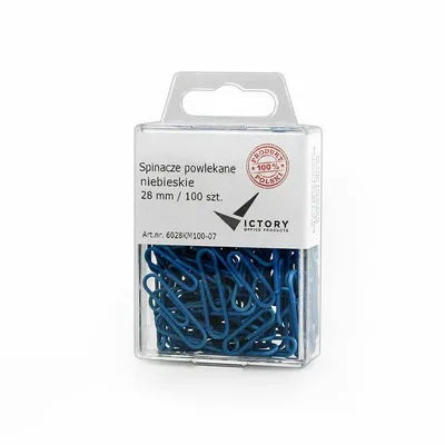 Spinacze okrągłe 28mm VICTORY OFFICE PRODUCTS 6028km100-07 niebieskie metalowepowlekane w zawieszanym pojemniku plastikowym 100szt
