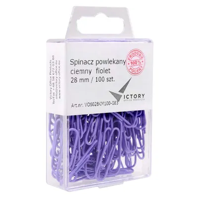 Spinacze okrągłe 28mm VICTORY OFFICE PRODUCTS 6028km100-083 pastelowe ciemnofioletowe metalowepowlekane w zawieszanym pojemniku plastikowym 100szt
