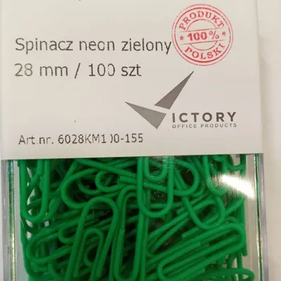 Spinacze okrągłe 28mm VICTORY OFFICE PRODUCTS 6028km100-155 neonowe zielone metalowepowlekane w zawieszanym pojemniku plastikowym 100szt