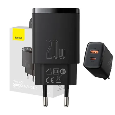 Ładowarka sieciowa Baseus compact quick charger, usb, usb-c, 20w (czarna)