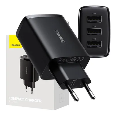 Ładowarka sieciowa Baseus compact quick charger, 3x usb, 17w (czarna)