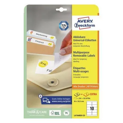Etykiety samoprzylepne 96x50.8mm uniwersalne AVERY zweckform usuwalne l4744rev-25 białe 30ark*10szt