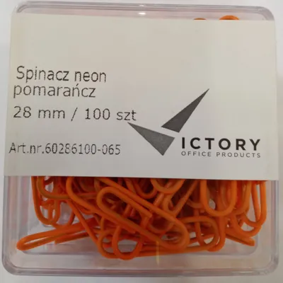 Spinacze okrągłe 28mm VICTORY OFFICE PRODUCTS 60286100-065 neonowe pomarańczowe metalowepowlekane w pojemniku plastikowym 100szt