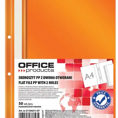 Skoroszyt wpinany a4 OFFICE PRODUCTS 2 otwory pomarańczowy pp 100/170mikr