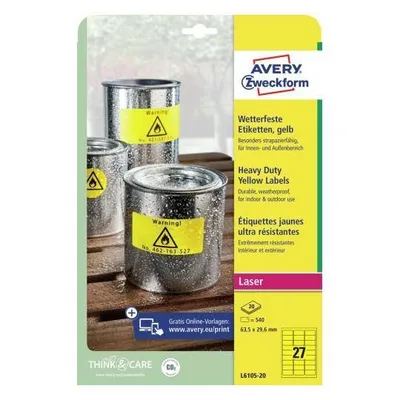 Etykiety samoprzylepne 63.5x29.6mm AVERY zweckform poliestrowe l6105-20 żółte 20ark*27szt