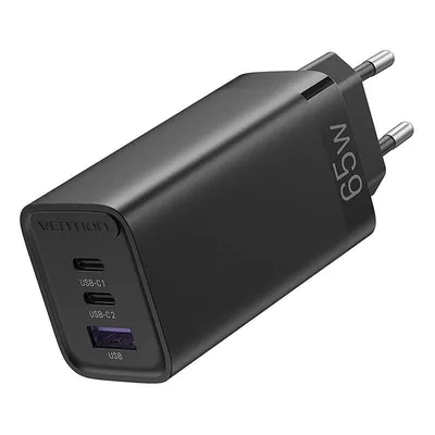Ładowarka sieciowa Vention fedb0-eu 2xusb-c 1xusb-a 65w/30w/30w gan (czarna)