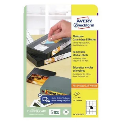 Etykiety samoprzylepne 59x50mm na dyskietki AVERY zweckform usuwalne l4747rev-25 białe 25ark*15szt