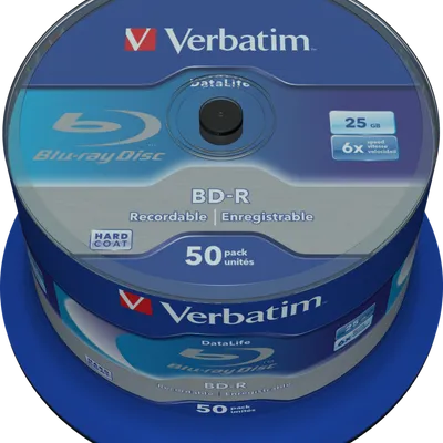 Verbatim bd-r, single layer 25gb, blue surface, single layer, spindle, 43838, 6x, 50-cake, no id