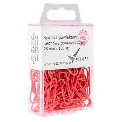 Spinacze okrągłe 28mm VICTORY OFFICE PRODUCTS 6028km100-065 neonowe pomarańczowe metalowepowlekane w zawieszanym pojemniku plastikowym 100szt