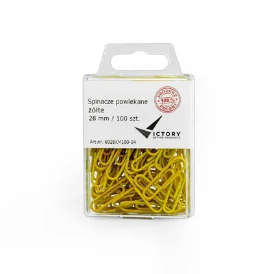 Spinacze okrągłe 28mm VICTORY OFFICE PRODUCTS 6028km100-04 żółte metalowepowlekane w zawieszanym pojemniku plastikowym 100szt