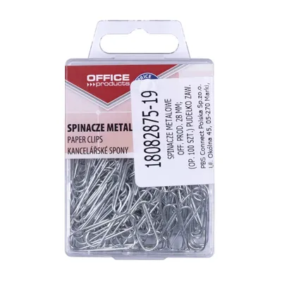 Spinacze okrągłe 28mm OFFICE PRODUCTS srebrne w zawieszanym pojemniku platikowym 100szt.