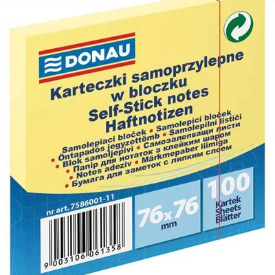Karteczki samoprzylepne 76x76mm DONAU jasno żółte 100kart