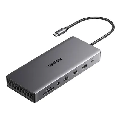 Hub usb-c UGREEN cm681, 4x usb, 2x hdmi, displayport, rj45, sd/tf, aux, pd 100w (szary)