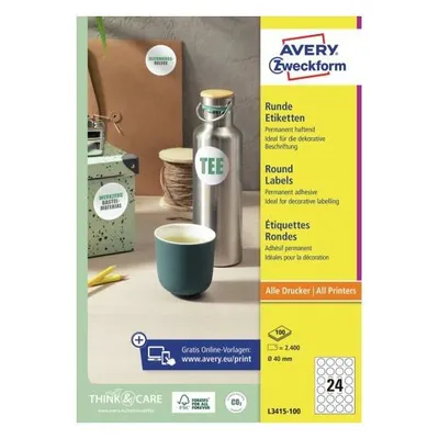 Etykiety samoprzylepne 40mm kółka do zaznaczania AVERY zweckform trwałe l3415-100 białe 100ark*24szt