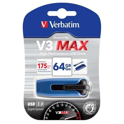 Verbatim usb flash disk, usb 3.0, 64gb, v3 max, store n go, niebieski, 49807, usb a, z wysuwanym złączem