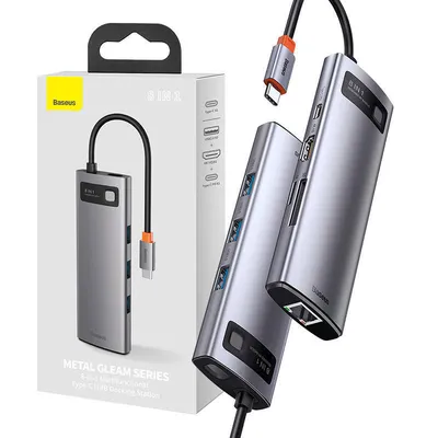 Hub 8w1 Baseus metal gleam series, usb-c do 3x usb 3.0 + hdmi + usb-c pd + ethernet rj45 + microsd/sd