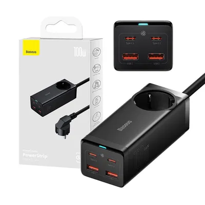 Ładowarka sieciowa / listwa zasilająca Baseus gan3 pro 2x usb + 2xusb-c + ac, 100w (czarna)