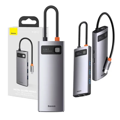 Hub 6w1 Baseus metal gleam series, usb-c do 3x usb 3.0 + hdmi + usb-c pd + ethernet rj45