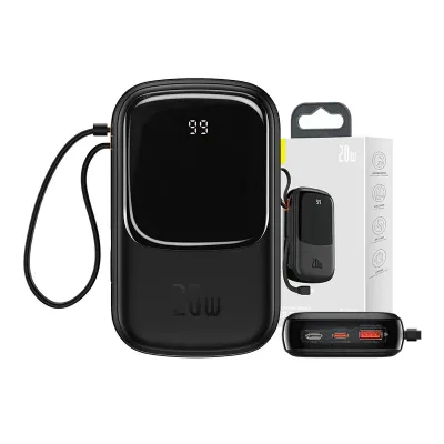 Powerbank Baseus qpow pro z kablem lightning, portem usb-c i usb, 20000mah, 20w (czarny)
