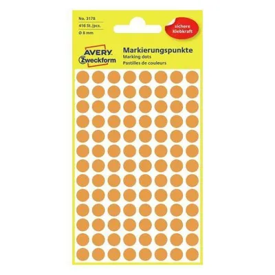 Etykiety samoprzylepne 8mm kółka do zaznaczania AVERY zweckform trwałe 3178 neonowe pomarańczowe 4ark*104szt