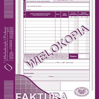 Druk akcydensowy fa faktura dla podatników zwolnionych podmiotowo z podatku od towarów i usług a5 Michalczyk i Prokop wielokopia 80 kart.