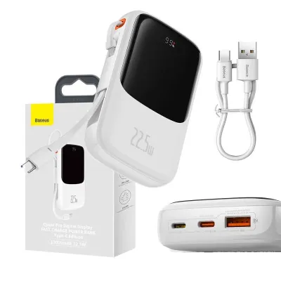 Powerbank Baseus qpow pro z kablem usb-c, usb-c, usb, 10000mah, 22.5w (biały)