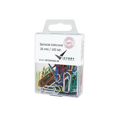 Spinacze trójkątne 26mm VICTORY OFFICE PRODUCTS 66t26km100-99 mix kolorów lakierowane w zawieszanym pojemniku plastikowym 100szt