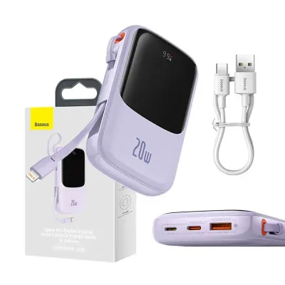 Powerbank Baseus qpow pro z kablem lightning, usb-c, usb, 10000mah, 20w (fioletowy)