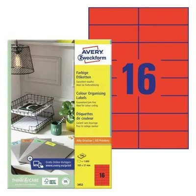 Etykiety samoprzylepne 105x37mm AVERY zweckform trwałe 3452 czerwone 100ark*16szt