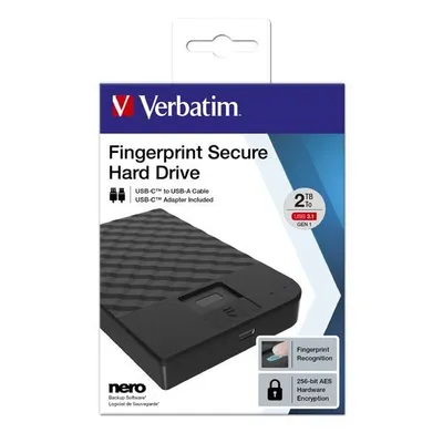 Verbatim zewnętrzny dysk twardy, fingerprint secure hdd, 2.5", usb 3.0 (3.2 gen1), 2tb, 53651, czarny, 256-bit aes