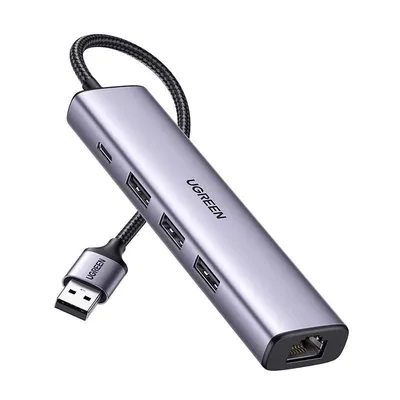 Adapter UGREEN 5w1 usb-a do 3x usb 3.0 + rj45 + usb-c cm475(szary)