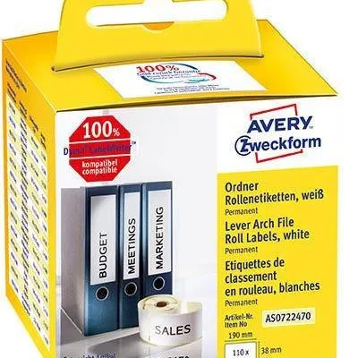 Etykiety samoprzylepne 38x190mm na segregatory trwałe, w rolce do druk. term. as0722470 białe 110 szt