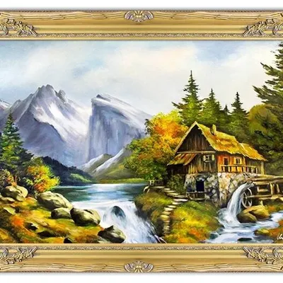 Dworki, młyny, chaty- nad wodospadem - 78x108 cm - g94156