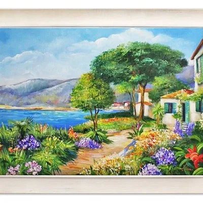 Pejzaż tradycyjny - domek nad jeziorem - 63x84 cm - g06746
