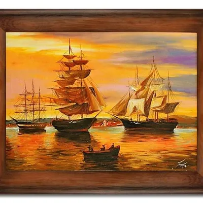 Marynistyka - okręty o zachodzie - 72x92 cm - g15946