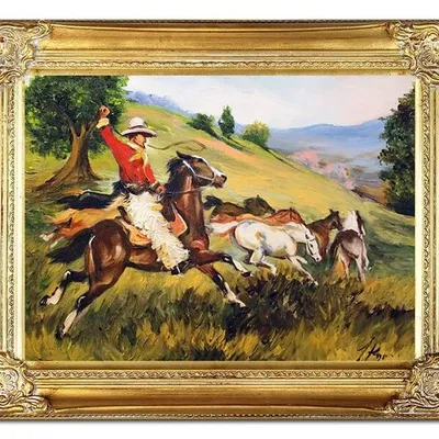 Polowania - pogoń za tabunem koni - 84x64 cm - g98940,