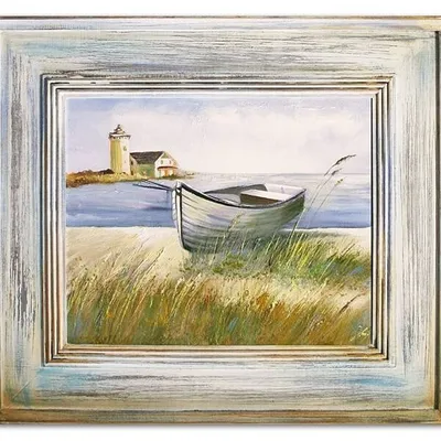 Marynistyka - biała łódka na brzegu - 66x76 cm - g06237