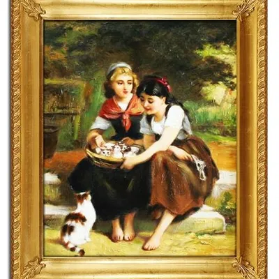 Emile munier - dwie dziewczynki z kotkami w koszyku - 54x64 cm - g04646
