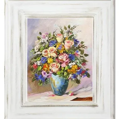 Bukiety mieszane - w niebieskim wazonie - 65x75 cm - g15411
