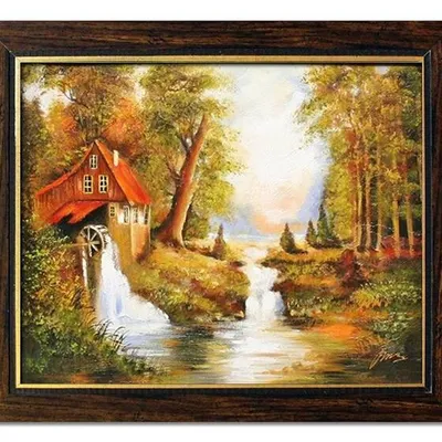 Dworki, młyny, chaty - młyn na skarpie - 53x64 cm - g04501