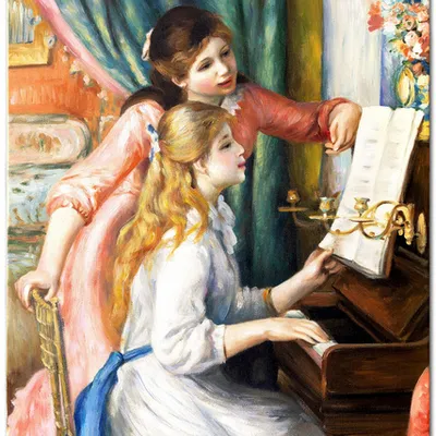 Obraz olejny - impresjoniści - auguste renoir - młode dziewczyny przy fotrepianie - 50x70 cm - g119134